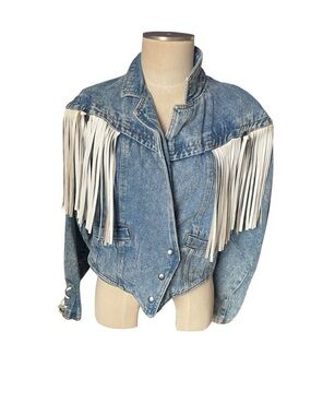 Vintage 80’s Denim Fringe Jean Jacket with White Fringe